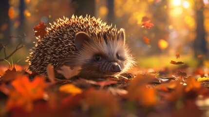 Fototapeta premium Hedgehog Exploring a Colorful Autumn Forest Covered in Fallen Leaves