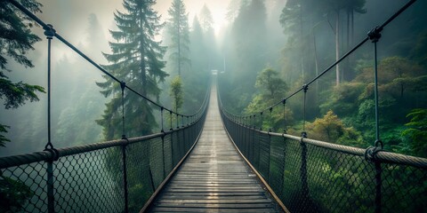 Fototapeta premium Moody scene of an empty suspension bridge in a foggy forest on a rainy day , suspension bridge, river, fog, forest, rainy day