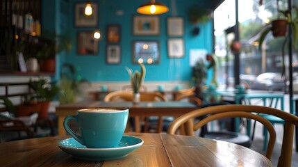 A cozy coffee shop scene featuring a blue cup on a wooden table, surrounded by a vibrant atmosphere and stylish decor.