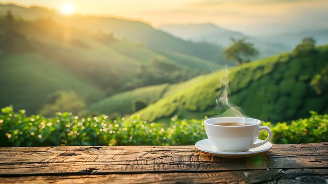 Steaming cup of tea on a wooden table with lush green hills in the background