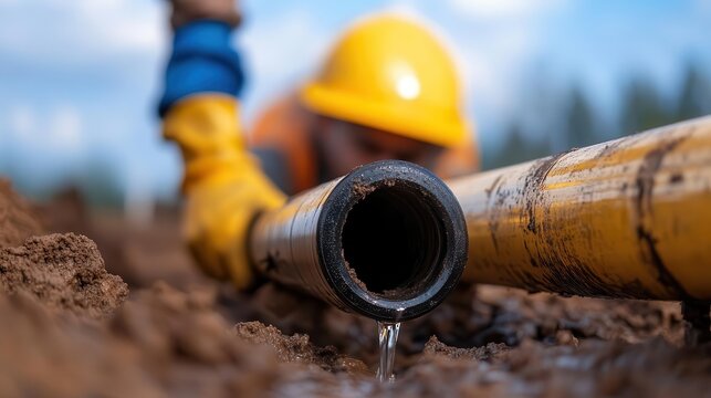 A worker repairing a pipe in a muddy area, showcasing construction and maintenance in a natural environment.