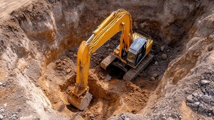 Aerial view of a yellow excavator digging in a construction site, surrounded by earth and gravel, showcasing heavy machinery in action.