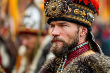 Fototapeta premium A proud Cossack warrior dons elaborate traditional attire, showcasing his striking headdress and intricate costume amidst a lively festival atmosphere.