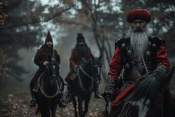 Obraz premium Three Cossack warriors in vibrant red attire ride their horses through a foggy forest, embodying a sense of history and adventure.