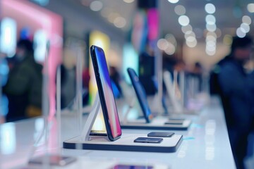 A smartphone store with the latest smartphones and people with a soft bokeh in the background.