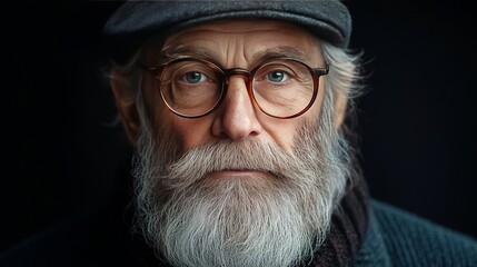 Portrait of a old man with long beard wearing a cap and glasses isolated on black