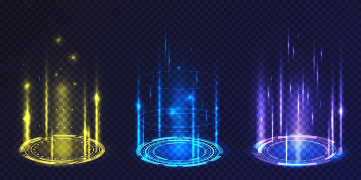 Set of vector portal or magic podium effect. Round or circle teleport. Glowing hologram or vortex with ray. Shining sci fi element. Ring for game level up effect. Isolated light. Platform beam