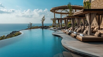 Fototapeta premium Luxury infinity pool with sun loungers and cabanas at a cliffside resort overlooking the ocean on a sunny day.