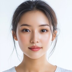 Naklejka premium Portrait of a beautiful Asian woman with pure and clear skin indicating softness on white background