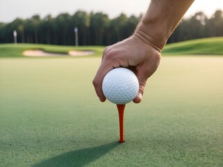 Setting Up for Success: Golfer Places Ball on Tee