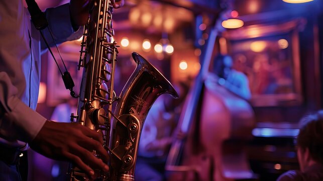 A vibrant jazz club scene featuring a saxophone player under warm, atmospheric lighting, creating a lively musical ambiance.