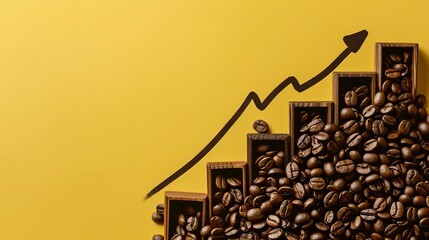 A visual representation of coffee growth trend, featuring coffee beans and an upward graph on a vibrant yellow background.