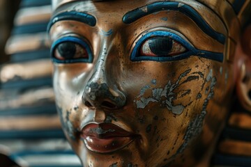 An ornate burial mask captures the essence of an Egyptian Pharaoh, adorned with rich bronze and vivid blue detailing, showcasing ancient artistry and historical significance.