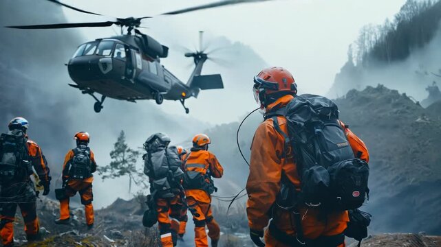 Mountain rescue team in snowy conditions with helicopter, emergency operation in harsh winter environment