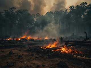 Forest Fire Devastation: Burning Trees, Smoke, Destruction