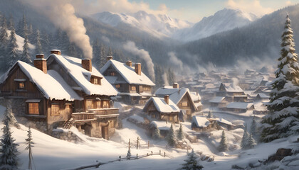 Charming Snow-Covered Mountain Village with Cozy Cottages and Winter Landscape - Photorealistic