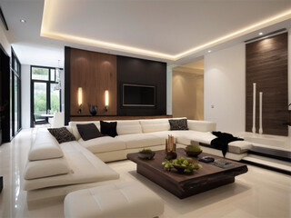Modern Living Room with White Sectional Sofa and Wood Coffee Table