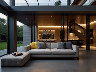 Modern Living Room with Glass Walls and a Grey Sofa