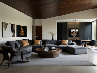 Modern Living Room Interior Design with Sectional Sofa and Wood Ceiling