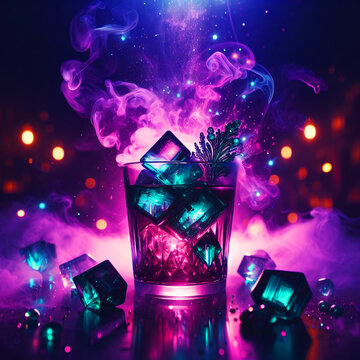 A photorealistic image of a cocktail glass bathed in the cool glow of blue neon light, set against the dark, blurred backdrop of a nightclub. The glass is filled with a refreshing, light-colored bever
