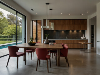 Modern Kitchen and Dining Room with Pool View
