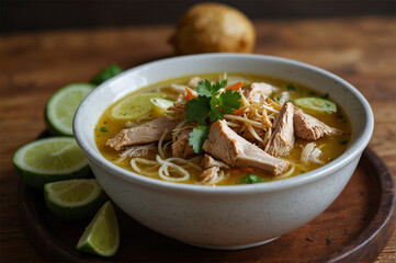 A bowl of Indonesian Soto Ayam : A traditional and famous chicken noodle soup