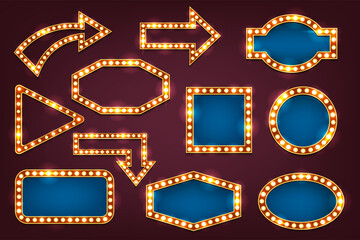 Set of retro sign and arrows. Vector lightbox and direction signage. Vintage lightbox for movie or cinema, club or casino show. Banner with lightbulb or signboard for stage. Empty or blank advertise