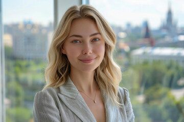 Fototapeta premium A woman with blonde hair and a necklace is smiling at the camera. The image has a happy and positive mood