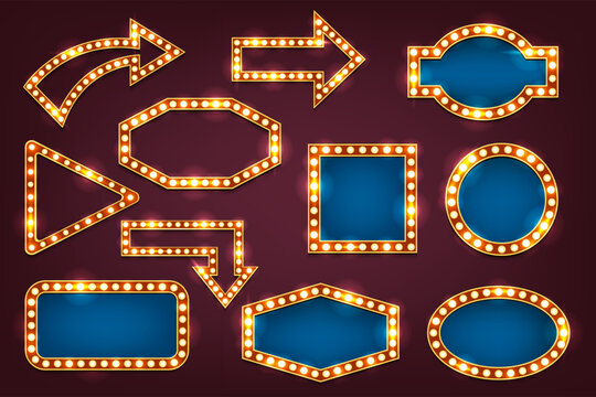 Set of retro sign and arrows. Vector lightbox and direction signage. Vintage lightbox for movie or cinema, club or casino show. Banner with lightbulb or signboard for stage. Empty or blank advertise
