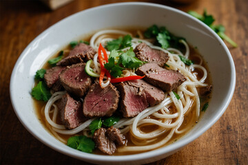 A Bowl of Delicious Pho Noodle: Traditional Vietnamese Beef Noodle Soup with Cilantro and Red Pepper