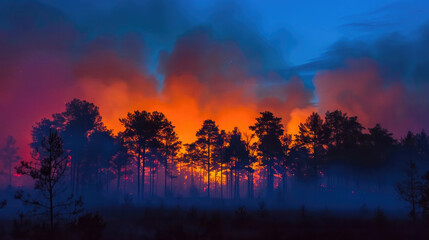 Fototapeta premium An eerie yet captivating scene depicts a dense forest engulfed in vibrant orange and blue hues, as thick smoke billows from a forest fire