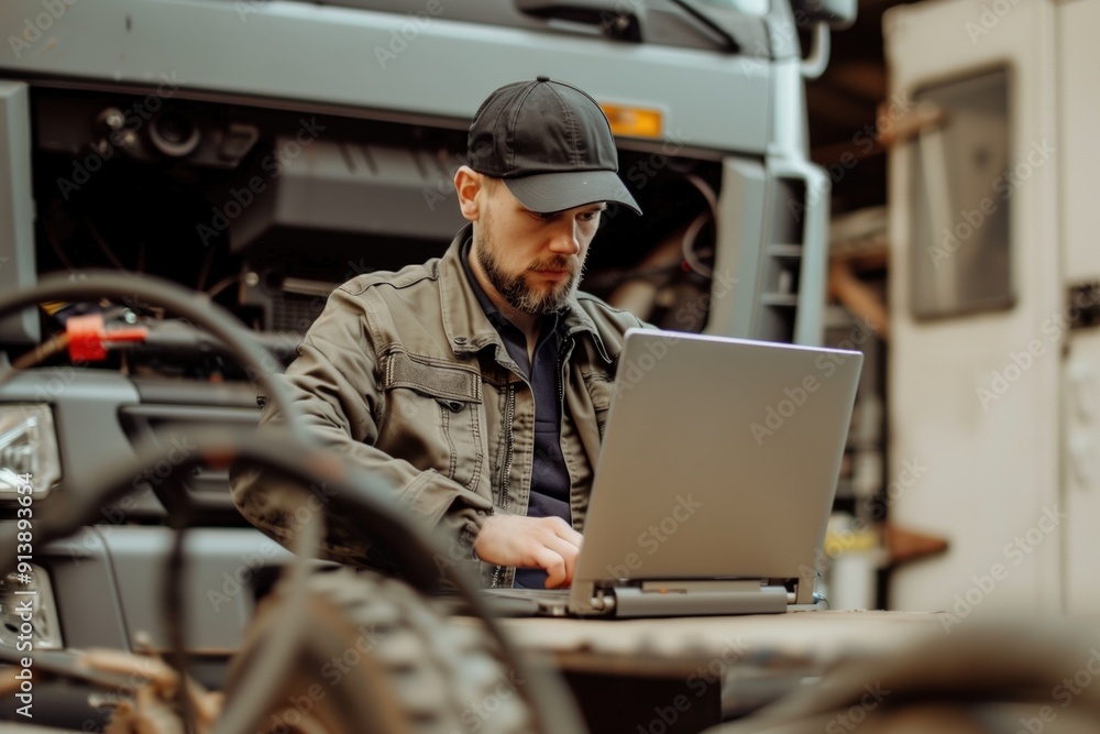 Poster focused mechanic in cap and jacket working on laptop in a busy garage with a large truck. concepts o