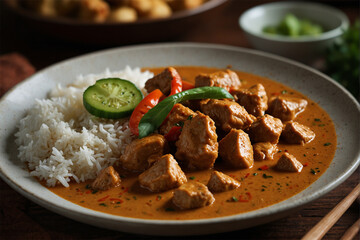 Exquisite Curry Dish: A tantalizing close-up of a vibrant curry dish, brimming with succulent chicken pieces and accompanied by fluffy white rice, red and green chilies.