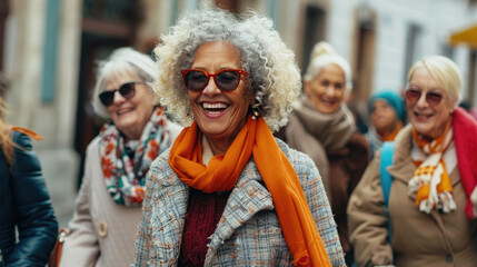 An older woman with beautiful curly white hair laughing heartily among friends on the street