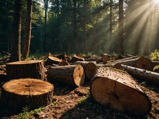 Sunbeams Through the Trees: Logs in a Forest Clearing Indicate Deforestation