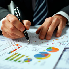 person signing contract & reading charts, analysing