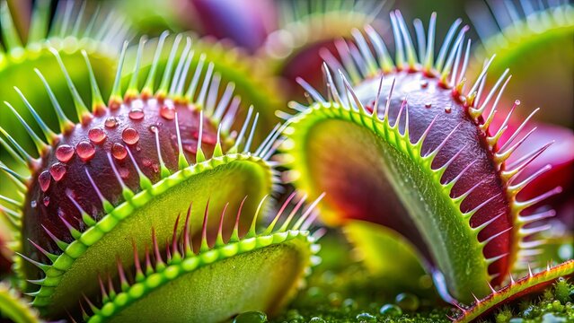 Close-up view of Venus flytrap leaves covered in dew drops, Venus flytrap, leaves, close-up, view, dew drops
