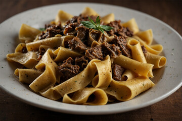 Culinary Delight: Gourmet Pappardelle Pasta with a rich meat sauce, a rustic and delectable dish.