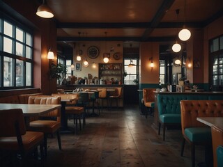 Cozy Cafe Interior with Wooden Floors and Retro Lighting
