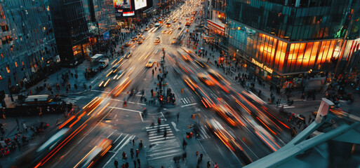 Dynamic Evening Traffic Flowing Through Busy Urban Intersection in Midtown Manhattan