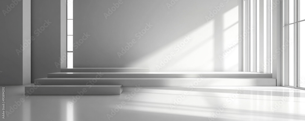 Aufkleber a white room with a window and a bench. the room is empty and has a minimalist design