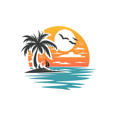 Palm Tree Silhouette on a Tropical Sunset Beach, generative ai image