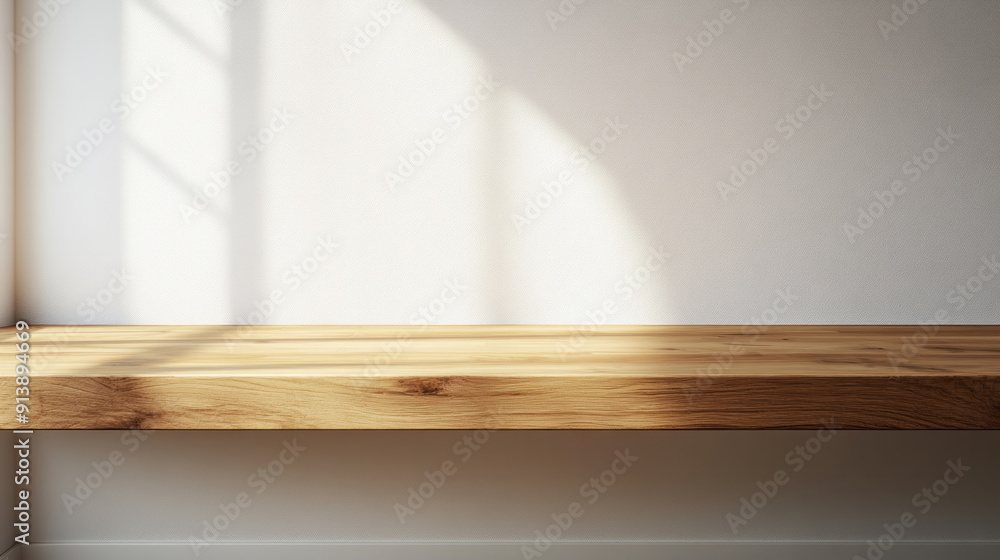 Poster a wooden shelf with a window behind it. the window is letting in sunlight