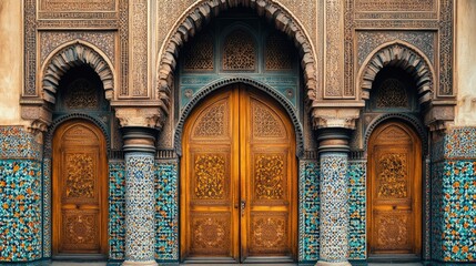 Obraz premium The detailed craftsmanship of a mosques entrance, featuring beautifully carved wooden doors and intricate tile work.