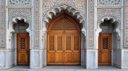 Obraz premium The detailed craftsmanship of a mosques entrance, featuring beautifully carved wooden doors and intricate tile work.