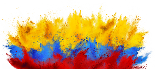 colorful flag of colombia  with yellow red  and blue color holi paint powder explosion isolated white background. colombian party soccer  symbol travel and tourism in south america concept.