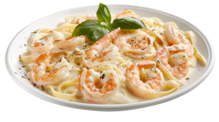 Plate of fettuccine alfredo with shrimps on transparent background