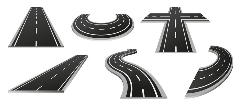 Set of street road segments. Vector asphalt crossroads. Elements for transport map design. Isolated highway or speedway turn shape. Crossroad and curve, junction perspective. Racing track corner