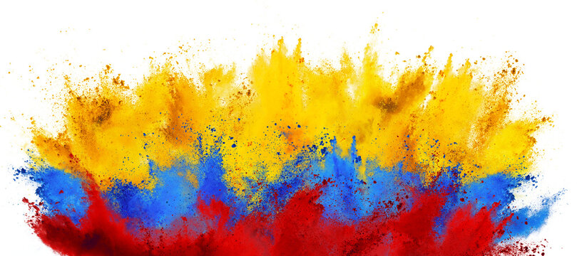 colorful flag of colombia  with yellow red  and blue color holi paint powder explosion isolated white background. colombian party soccer  symbol travel and tourism in south america concept.