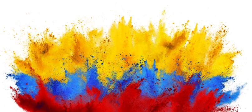 colorful flag of colombia  with yellow red  and blue color holi paint powder explosion isolated white background. colombian party soccer  symbol travel and tourism in south america concept.
